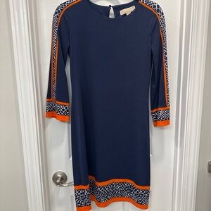 🌟 Michael Kors Navy Shift Dress with Orange & Animal Print Trim – Size XS 🌟
